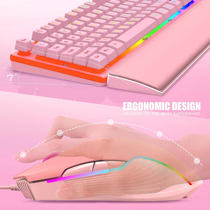 K10 Wired Gaming Keyboard and Mouse and Wrist Rest Combo, RGB Backlit, Mechanical Feel Anti-ghosting Keyboard + 7D 7200 DPI Mice+Soft Leather Wrist Rest 3 in 1 PC Gamer Accessories(Pink)