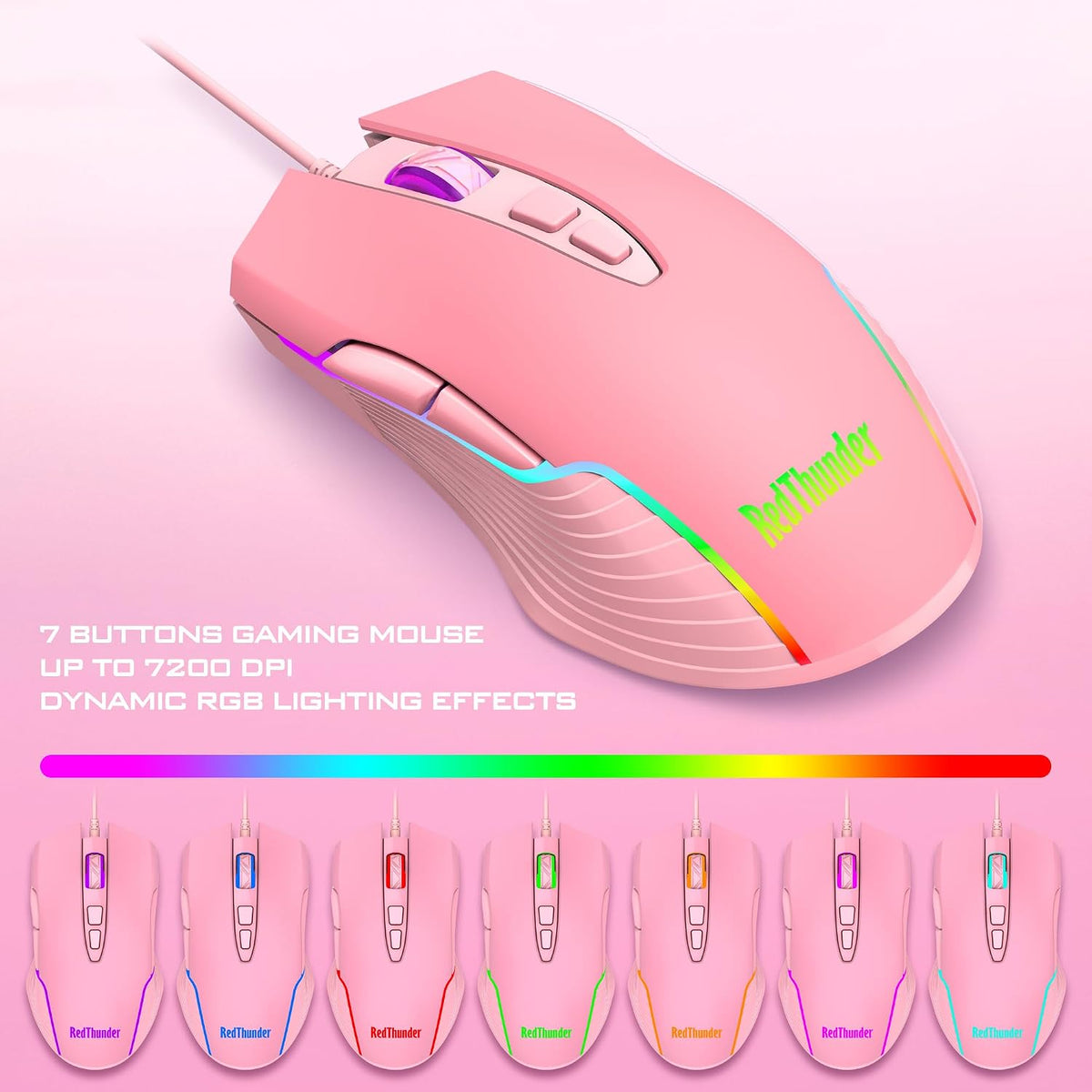 K10 Wired Gaming Keyboard and Mouse and Wrist Rest Combo, RGB Backlit, Mechanical Feel Anti-ghosting Keyboard + 7D 7200 DPI Mice+Soft Leather Wrist Rest 3 in 1 PC Gamer Accessories(Pink)