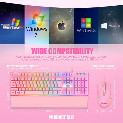 K10 Wired Gaming Keyboard and Mouse and Wrist Rest Combo, RGB Backlit, Mechanical Feel Anti-ghosting Keyboard + 7D 7200 DPI Mice+Soft Leather Wrist Rest 3 in 1 PC Gamer Accessories(Pink)