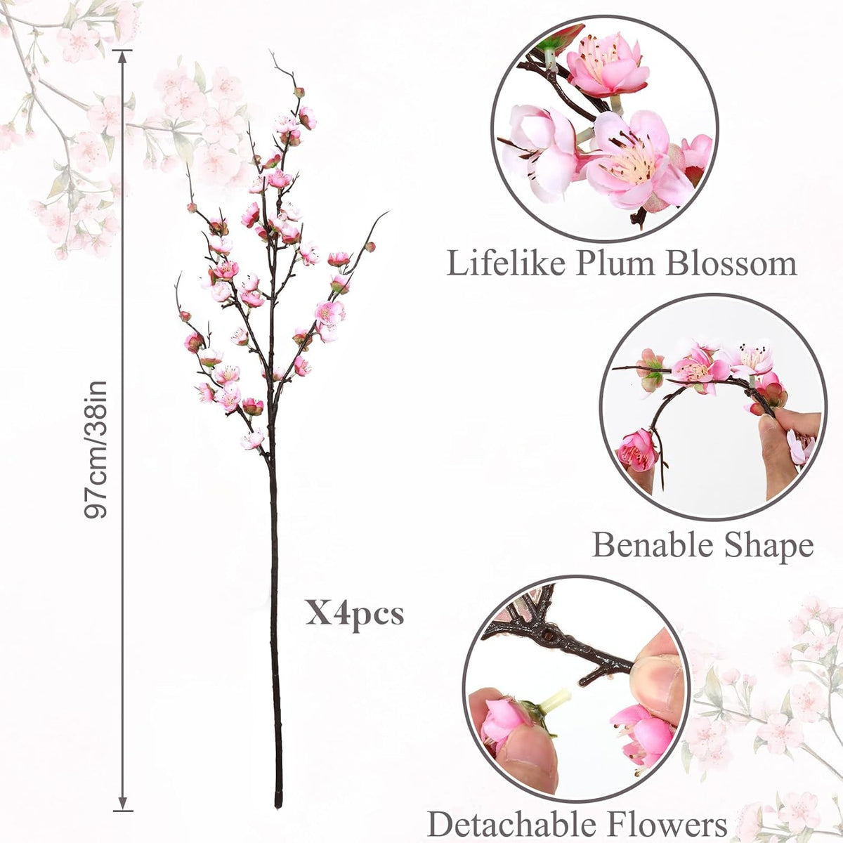 4 Pcs Artificial Cherry Blossom Branches 38" Faux Plum Blossom