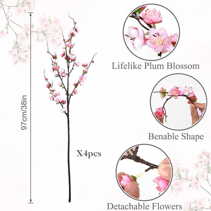 4 Pcs Artificial Cherry Blossom Branches 38" Faux Plum Blossom