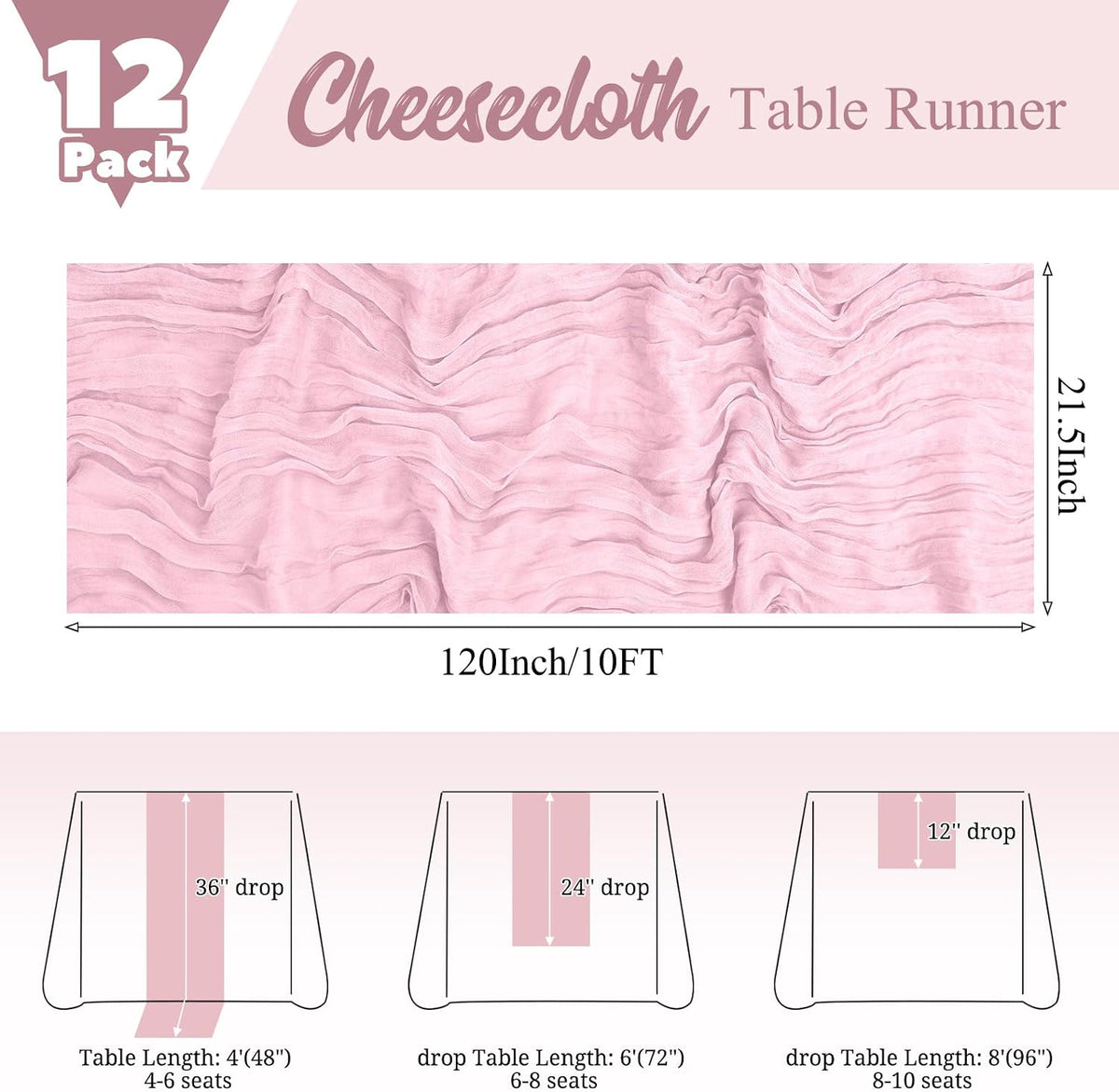 12 Pack Pink Table Runner 10Ft Cheesecloth Table Runner Rustic Gauze Table Runners Romantic Long Sheer Fabric Cheese Cloth Table Runners for Wedding Party Bridal Baby Shower(Light Pink)