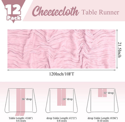 12 Pack Pink Table Runner 10Ft Cheesecloth Table Runner Rustic Gauze Table Runners Romantic Long Sheer Fabric Cheese Cloth Table Runners for Wedding Party Bridal Baby Shower(Light Pink)