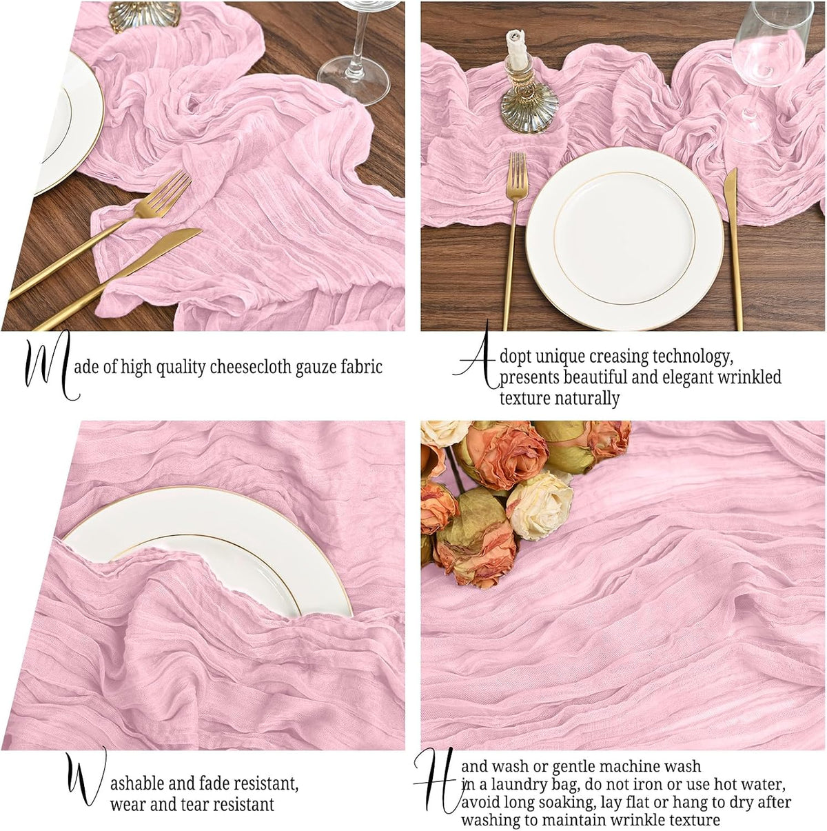 12 Pack Pink Table Runner 10Ft Cheesecloth Table Runner Rustic Gauze Table Runners Romantic Long Sheer Fabric Cheese Cloth Table Runners for Wedding Party Bridal Baby Shower(Light Pink)