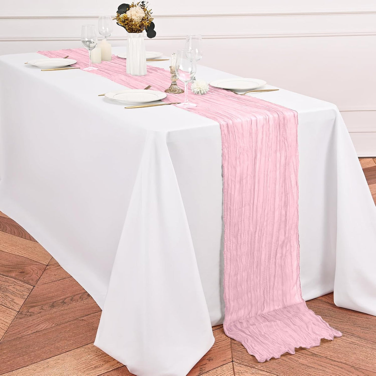 12 Pack Pink Table Runner 10Ft Cheesecloth Table Runner Rustic Gauze Table Runners Romantic Long Sheer Fabric Cheese Cloth Table Runners for Wedding Party Bridal Baby Shower(Light Pink)