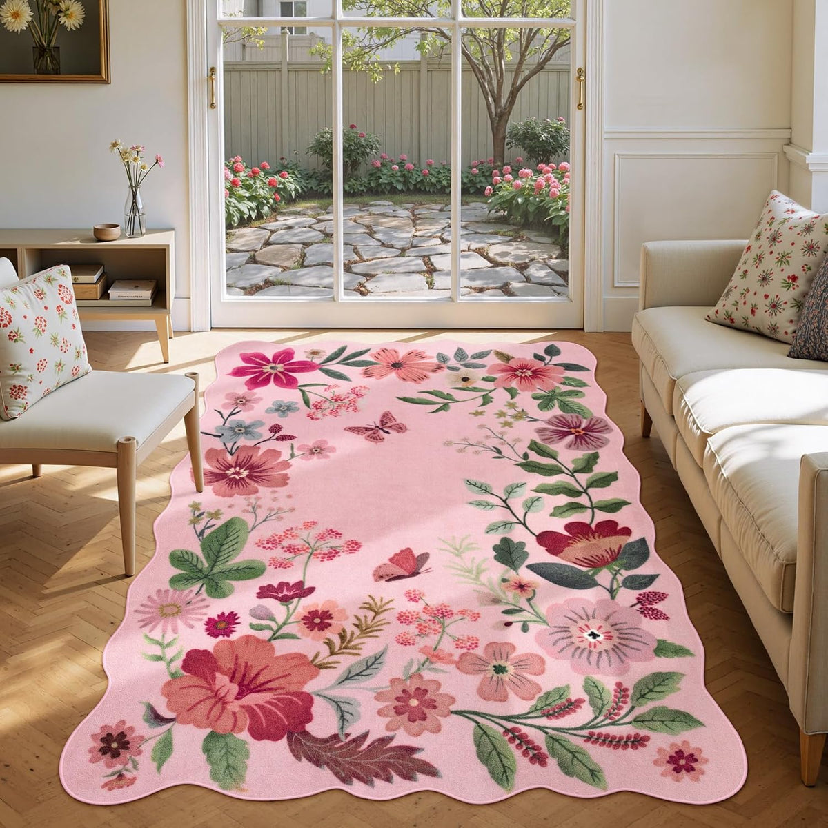 Floral Washable Rugs, 4X6 Pink Rugs for Bedroom Girls Living Room