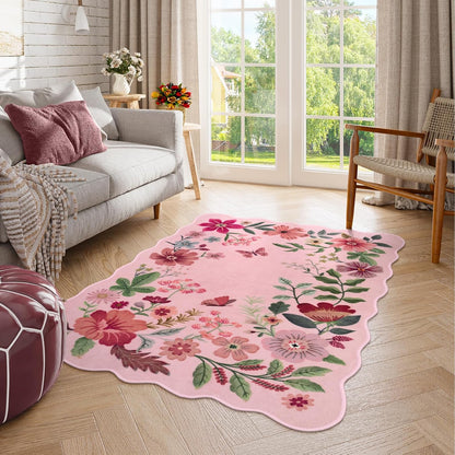 Floral Washable Rugs, 4X6 Pink Rugs for Bedroom Girls Living Room