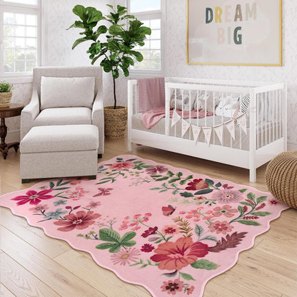 Floral Washable Rugs, 4X6 Pink Rugs for Bedroom Girls Living Room