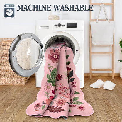 Floral Washable Rugs, 4X6 Pink Rugs for Bedroom Girls Living Room