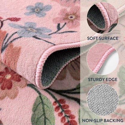 Floral Washable Rugs, 4X6 Pink Rugs for Bedroom Girls Living Room