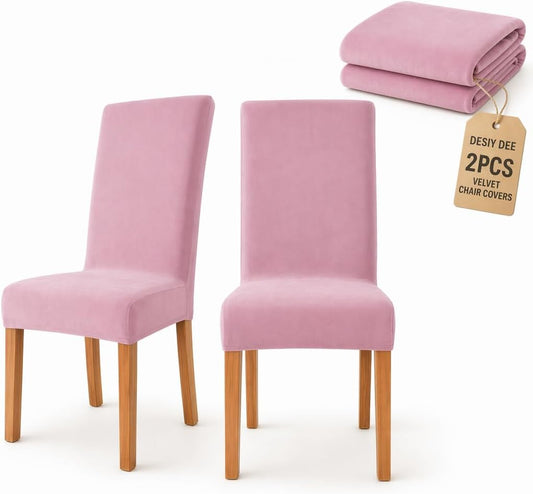 Velvet Stretch Dining Room Chair Covers - Colorful and Washable Parson Chair Slipcovers - Stretchable Removable Furniture Protectors (2, Pink)