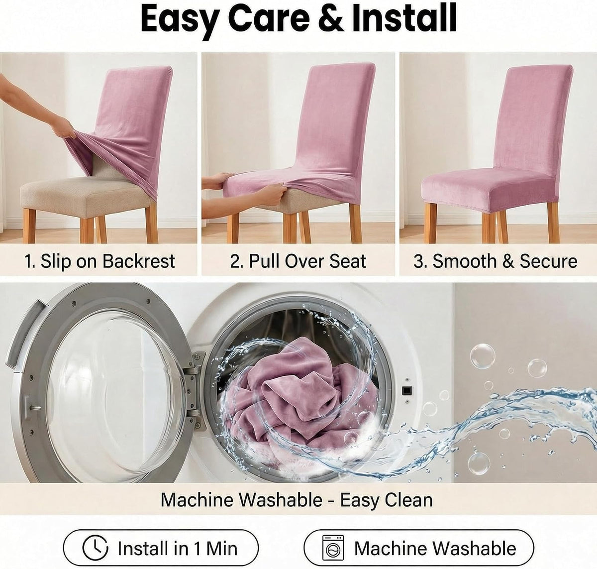 Velvet Stretch Dining Room Chair Covers - Colorful and Washable Parson Chair Slipcovers - Stretchable Removable Furniture Protectors (2, Pink)