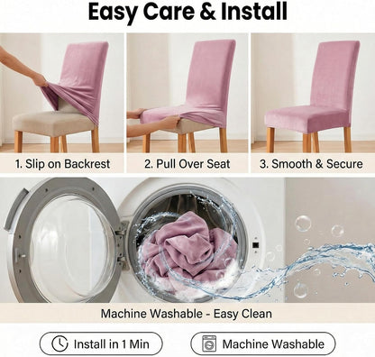 Velvet Stretch Dining Room Chair Covers - Colorful and Washable Parson Chair Slipcovers - Stretchable Removable Furniture Protectors (2, Pink)