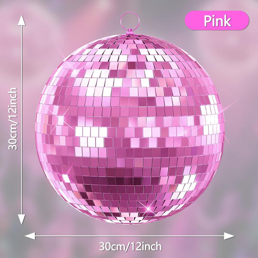 Mirror Disco Ball, 12"/16"/20" Disco Ball with Hanging Ring, for DJ Club Party Wedding Home Decor Pink 12Inch