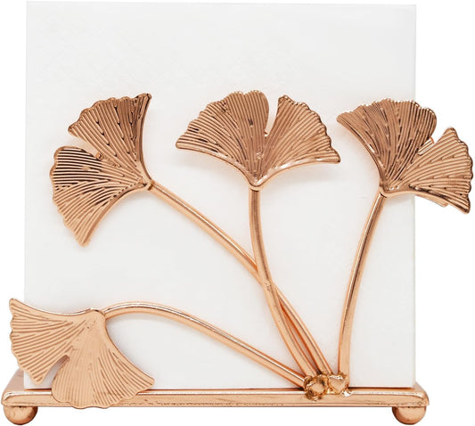 Rose Gold Ginkgo Leaf Napkin Holder – Electroplated Iron Tabletop Organizer with Botanical Design, Elegant Decor for Dining Room, Entryway, Kitchen or Vanity