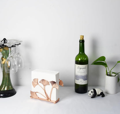 Rose Gold Ginkgo Leaf Napkin Holder – Electroplated Iron Tabletop Organizer with Botanical Design, Elegant Decor for Dining Room, Entryway, Kitchen or Vanity