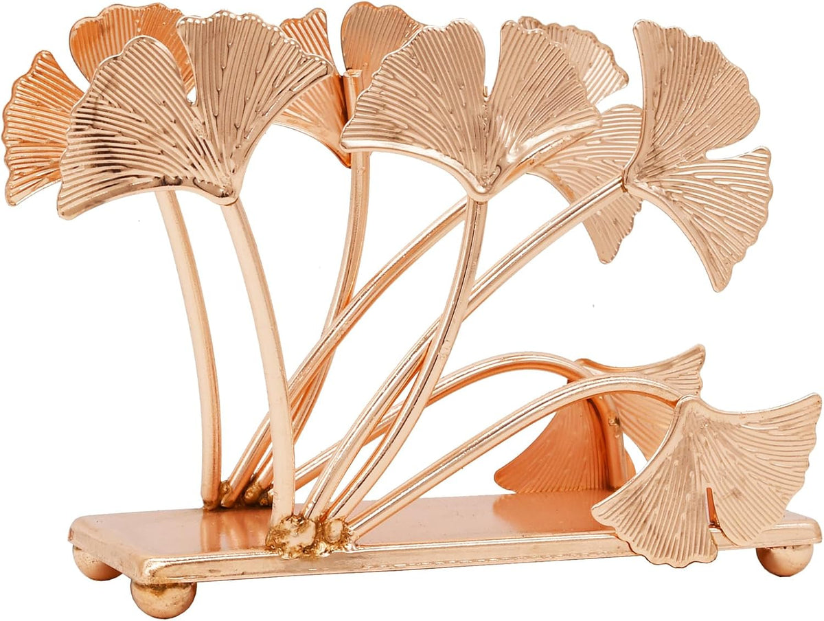 Rose Gold Ginkgo Leaf Napkin Holder – Electroplated Iron Tabletop Organizer with Botanical Design, Elegant Decor for Dining Room, Entryway, Kitchen or Vanity