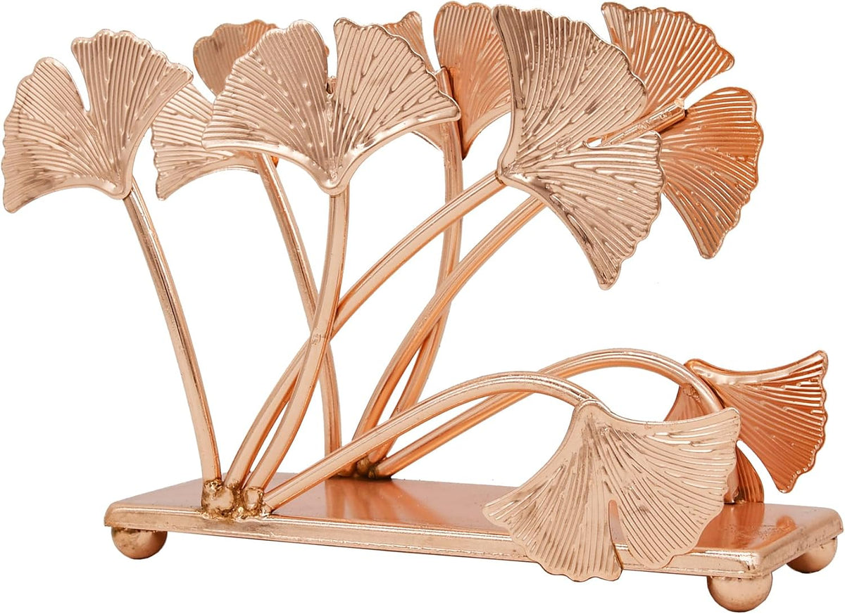 Rose Gold Ginkgo Leaf Napkin Holder – Electroplated Iron Tabletop Organizer with Botanical Design, Elegant Decor for Dining Room, Entryway, Kitchen or Vanity