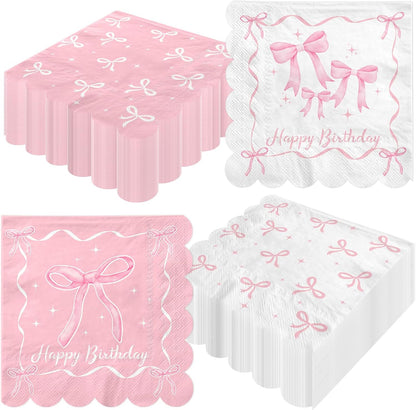 48Pcs Pink Bow Birthday Party Napkins Bow Theme Paper Napkins Coquette Birthday Decorations for Girls Bachelorette Party Supplies
