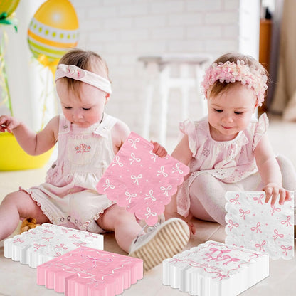 48Pcs Pink Bow Birthday Party Napkins Bow Theme Paper Napkins Coquette Birthday Decorations for Girls Bachelorette Party Supplies