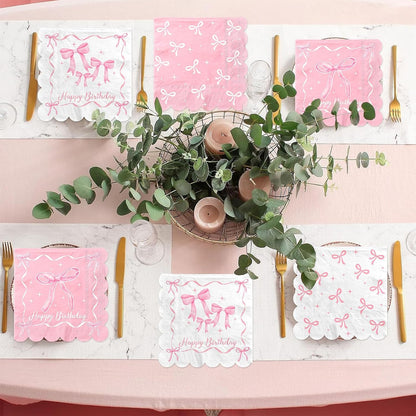 48Pcs Pink Bow Birthday Party Napkins Bow Theme Paper Napkins Coquette Birthday Decorations for Girls Bachelorette Party Supplies