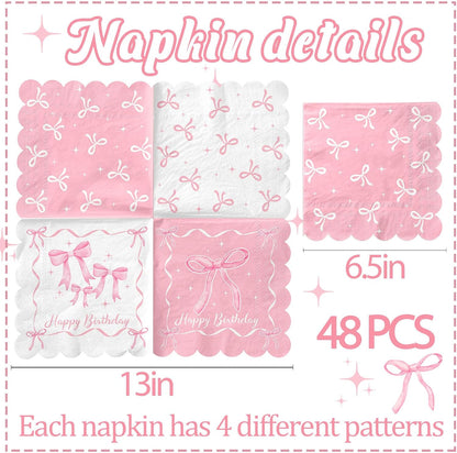 48Pcs Pink Bow Birthday Party Napkins Bow Theme Paper Napkins Coquette Birthday Decorations for Girls Bachelorette Party Supplies