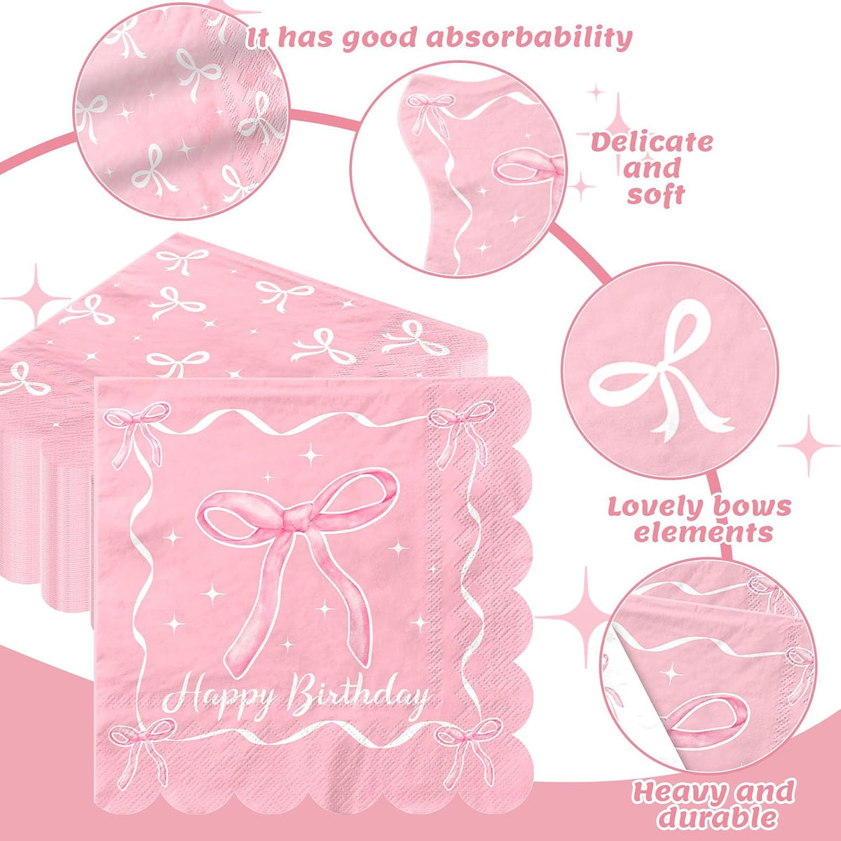 48Pcs Pink Bow Birthday Party Napkins Bow Theme Paper Napkins Coquette Birthday Decorations for Girls Bachelorette Party Supplies