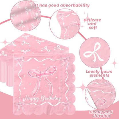 48Pcs Pink Bow Birthday Party Napkins Bow Theme Paper Napkins Coquette Birthday Decorations for Girls Bachelorette Party Supplies