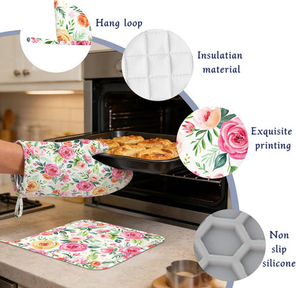 Flowers Pink Rose Pot Holders and Oven Mitts Set Silicone Watercolor Floral Kitchen Gloves Potholders Heat Resistant Washable,Chef Cooking Baking Gifts for Women Men Bakers Lover Cooks