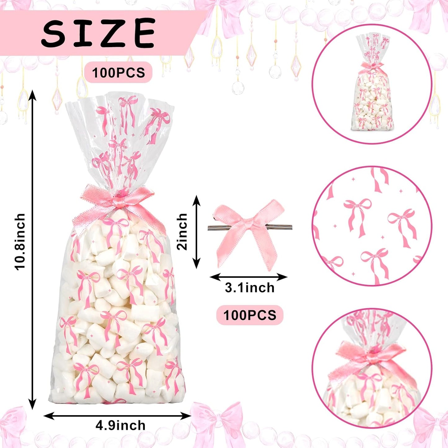 100Pcs Pink Bow Cellophane Bags with Ribbon Bows Clear Treat Bag Plastic Candy Goodie Bags for Coquette Birthday Wedding Party Snack Cookie Packing Supplies
