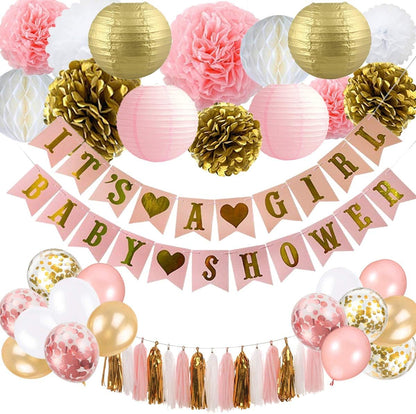 It's A Girl Baby Shower Decorations - Pink & Gold Banner, Lanterns, Pompoms, Flowers, Honeycomb Balls, Balloons, Foil Tassels