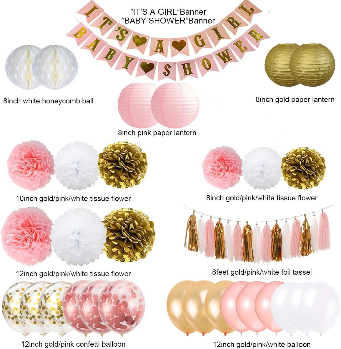 It's A Girl Baby Shower Decorations - Pink & Gold Banner, Lanterns, Pompoms, Flowers, Honeycomb Balls, Balloons, Foil Tassels