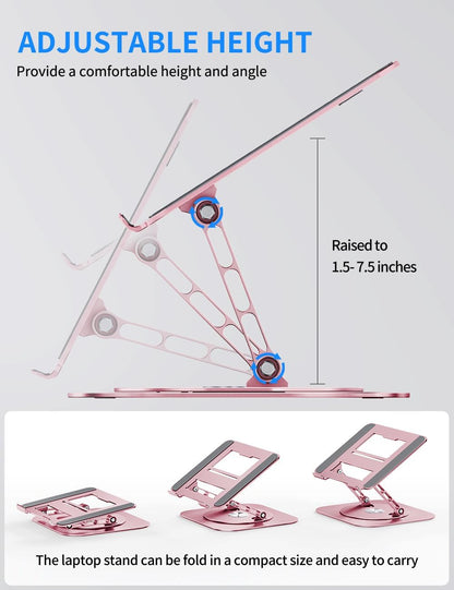 Adjustable Laptop Stand with 360 Rotating Base, Computer Stand for Laptop Ergonimic Foldable Laptop Riser for Desk Compatible with MacBook Pro/Air Notebook up to 16 Inches,Pink