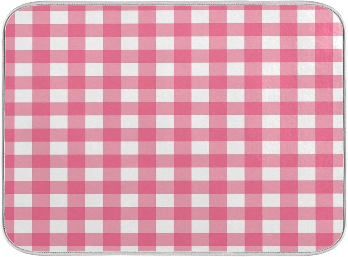 Microfiber Dish Drying Mat, Buffalo Check Plaid Absorbent Dish Drying Rack Pads Kitchen Counter Mat 18Inch X 24Inch Pink White Tartan Pattern Checkered Heat Resistant Sink Mat Dish Draining Mat