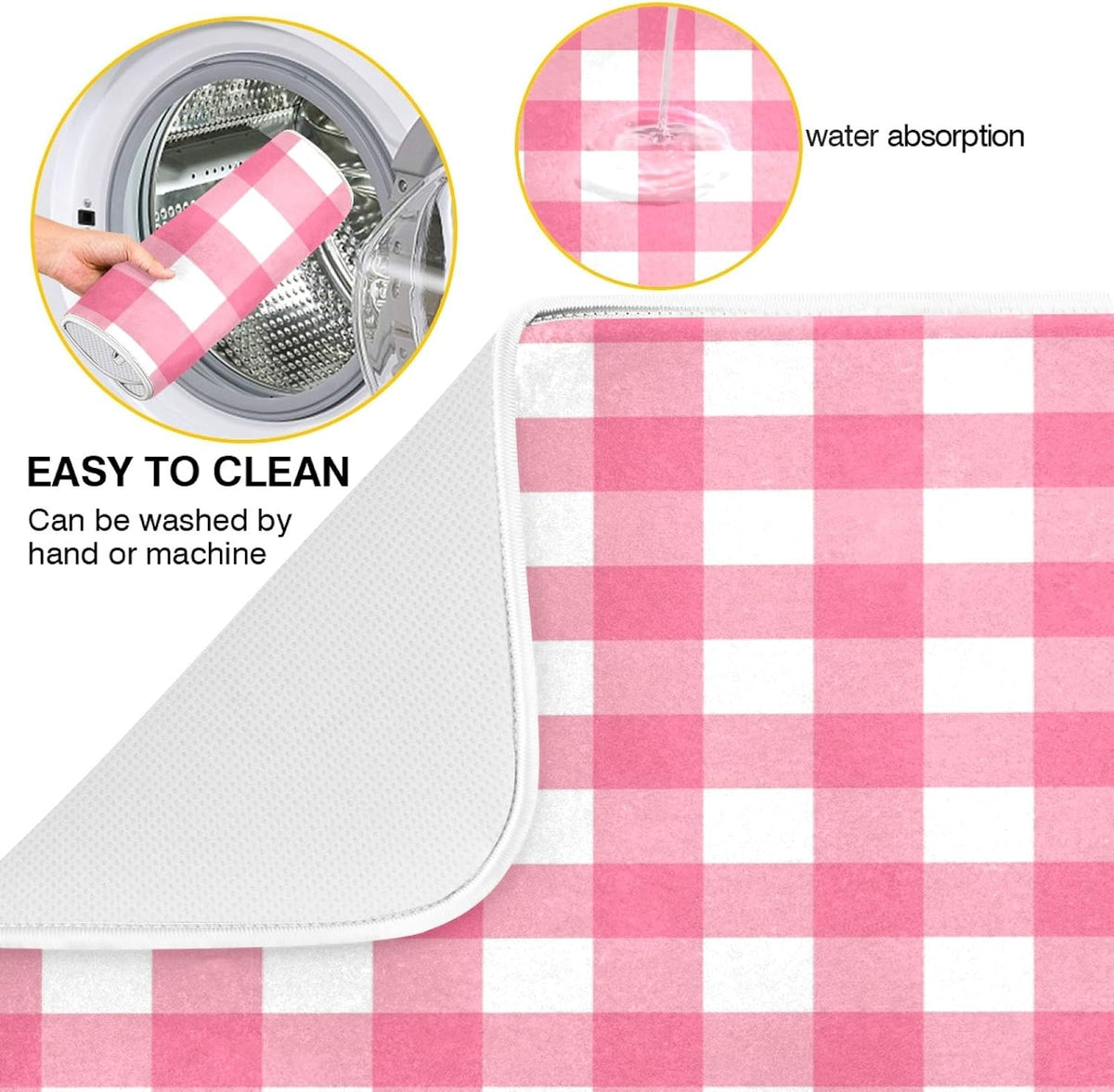 Microfiber Dish Drying Mat, Buffalo Check Plaid Absorbent Dish Drying Rack Pads Kitchen Counter Mat 18Inch X 24Inch Pink White Tartan Pattern Checkered Heat Resistant Sink Mat Dish Draining Mat