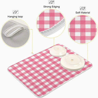 Microfiber Dish Drying Mat, Buffalo Check Plaid Absorbent Dish Drying Rack Pads Kitchen Counter Mat 18Inch X 24Inch Pink White Tartan Pattern Checkered Heat Resistant Sink Mat Dish Draining Mat