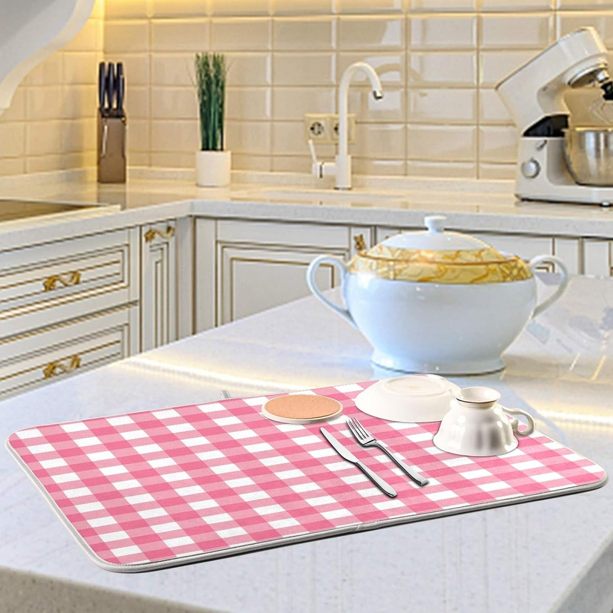 Microfiber Dish Drying Mat, Buffalo Check Plaid Absorbent Dish Drying Rack Pads Kitchen Counter Mat 18Inch X 24Inch Pink White Tartan Pattern Checkered Heat Resistant Sink Mat Dish Draining Mat