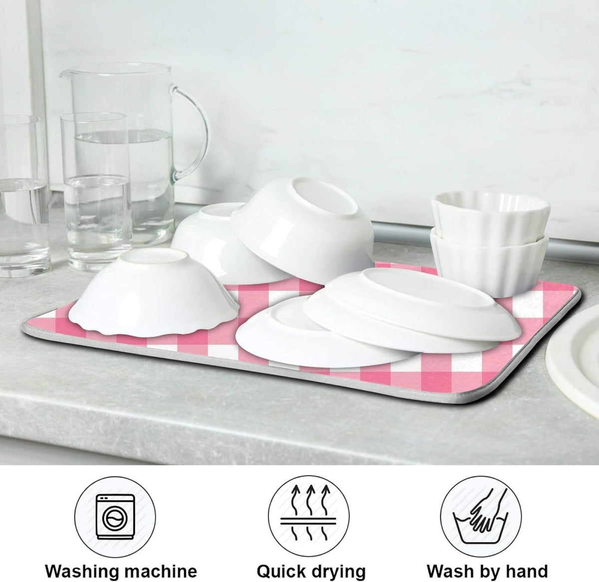 Microfiber Dish Drying Mat, Buffalo Check Plaid Absorbent Dish Drying Rack Pads Kitchen Counter Mat 18Inch X 24Inch Pink White Tartan Pattern Checkered Heat Resistant Sink Mat Dish Draining Mat
