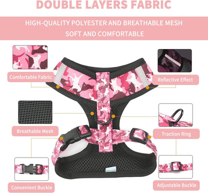 Dog Harness and Leash Set for Small Dogs, Adjustable Reflective No Pull Dog Vest Harness for Puppy with Bow-tie Collar, Leash and Poop Bag (L, Pink Camouflage)