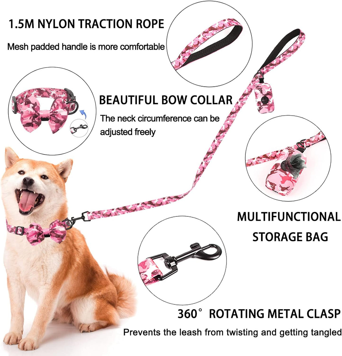 Dog Harness and Leash Set for Small Dogs, Adjustable Reflective No Pull Dog Vest Harness for Puppy with Bow-tie Collar, Leash and Poop Bag (L, Pink Camouflage)