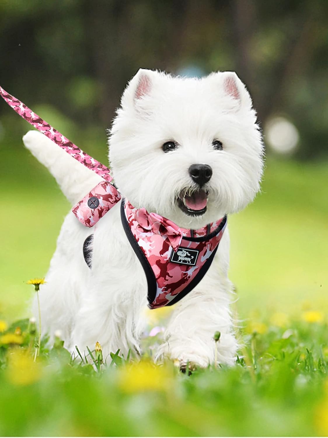 Dog Harness and Leash Set for Small Dogs, Adjustable Reflective No Pull Dog Vest Harness for Puppy with Bow-tie Collar, Leash and Poop Bag (L, Pink Camouflage)