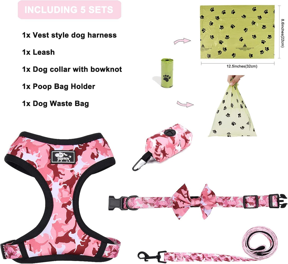 Dog Harness and Leash Set for Small Dogs, Adjustable Reflective No Pull Dog Vest Harness for Puppy with Bow-tie Collar, Leash and Poop Bag (L, Pink Camouflage)