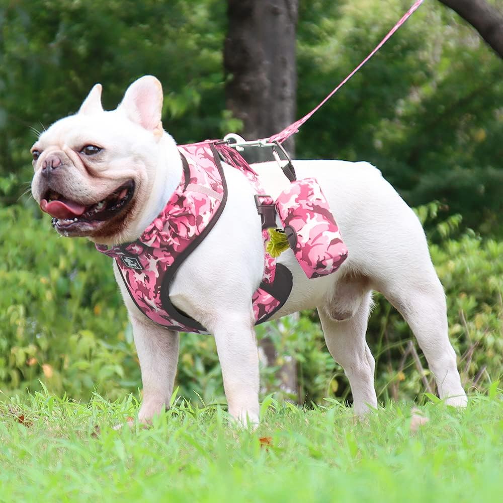 Dog Harness and Leash Set for Small Dogs, Adjustable Reflective No Pull Dog Vest Harness for Puppy with Bow-tie Collar, Leash and Poop Bag (L, Pink Camouflage)