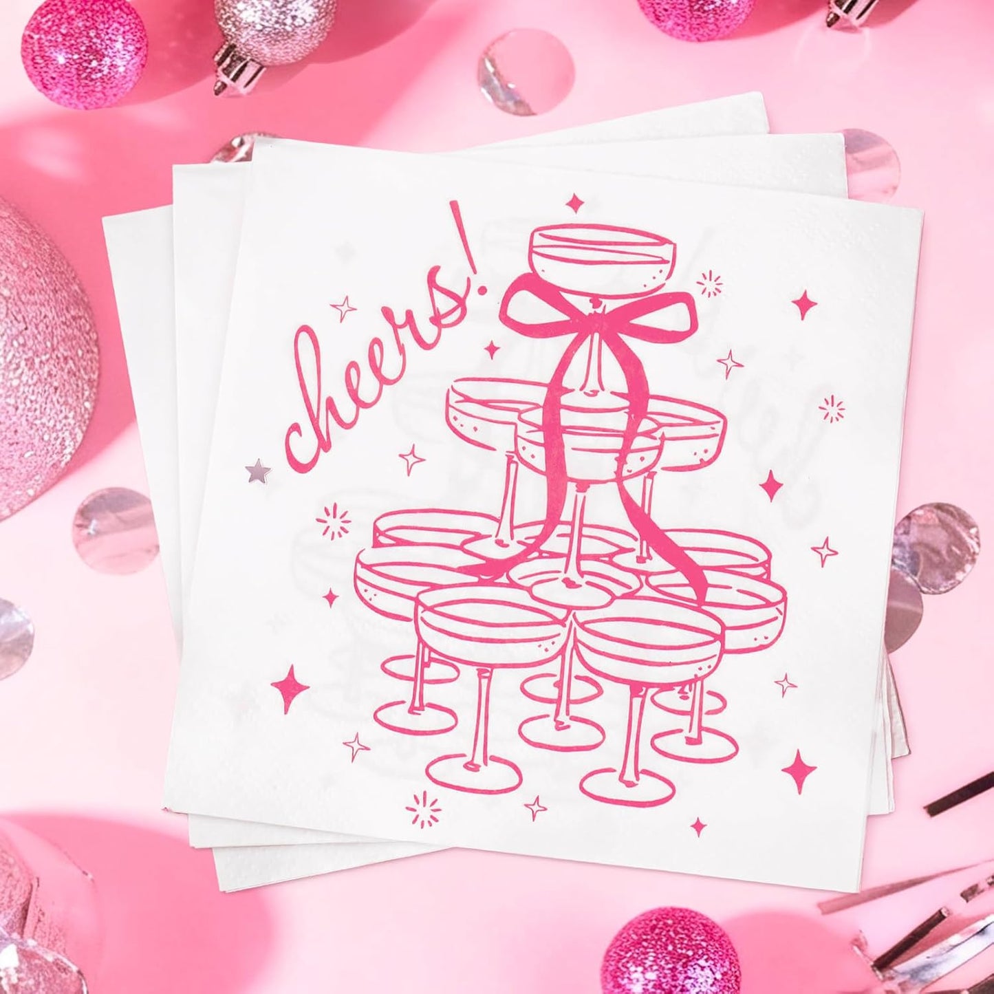 FYSUIMU 50 Pcs Pink Cheers Cocktail Napkins Paper Napkins Champagne Tower Bow Disposable Decorative Beverage Napkin for Bachelorette Party Wedding Bridal Shower Birthday Bar Supplies
