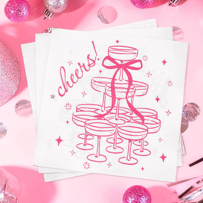 FYSUIMU 50 Pcs Pink Cheers Cocktail Napkins Paper Napkins Champagne Tower Bow Disposable Decorative Beverage Napkin for Bachelorette Party Wedding Bridal Shower Birthday Bar Supplies
