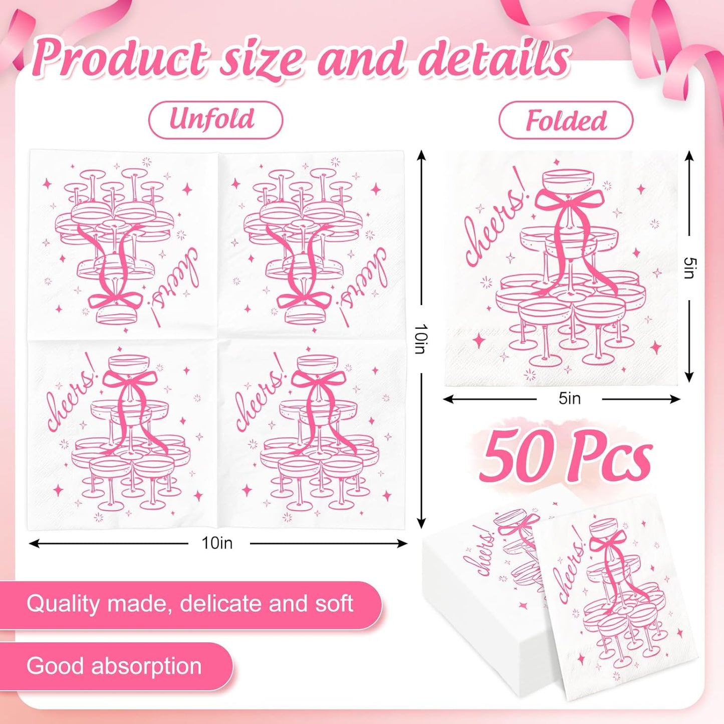 FYSUIMU 50 Pcs Pink Cheers Cocktail Napkins Paper Napkins Champagne Tower Bow Disposable Decorative Beverage Napkin for Bachelorette Party Wedding Bridal Shower Birthday Bar Supplies