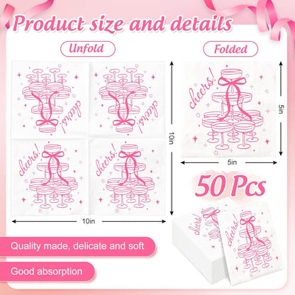 FYSUIMU 50 Pcs Pink Cheers Cocktail Napkins Paper Napkins Champagne Tower Bow Disposable Decorative Beverage Napkin for Bachelorette Party Wedding Bridal Shower Birthday Bar Supplies