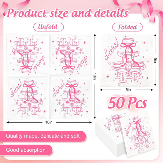 FYSUIMU 50 Pcs Pink Cheers Cocktail Napkins Paper Napkins Champagne Tower Bow Disposable Decorative Beverage Napkin for Bachelorette Party Wedding Bridal Shower Birthday Bar Supplies