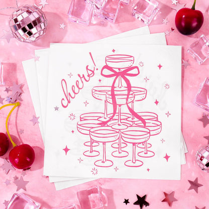 FYSUIMU 50 Pcs Pink Cheers Cocktail Napkins Paper Napkins Champagne Tower Bow Disposable Decorative Beverage Napkin for Bachelorette Party Wedding Bridal Shower Birthday Bar Supplies