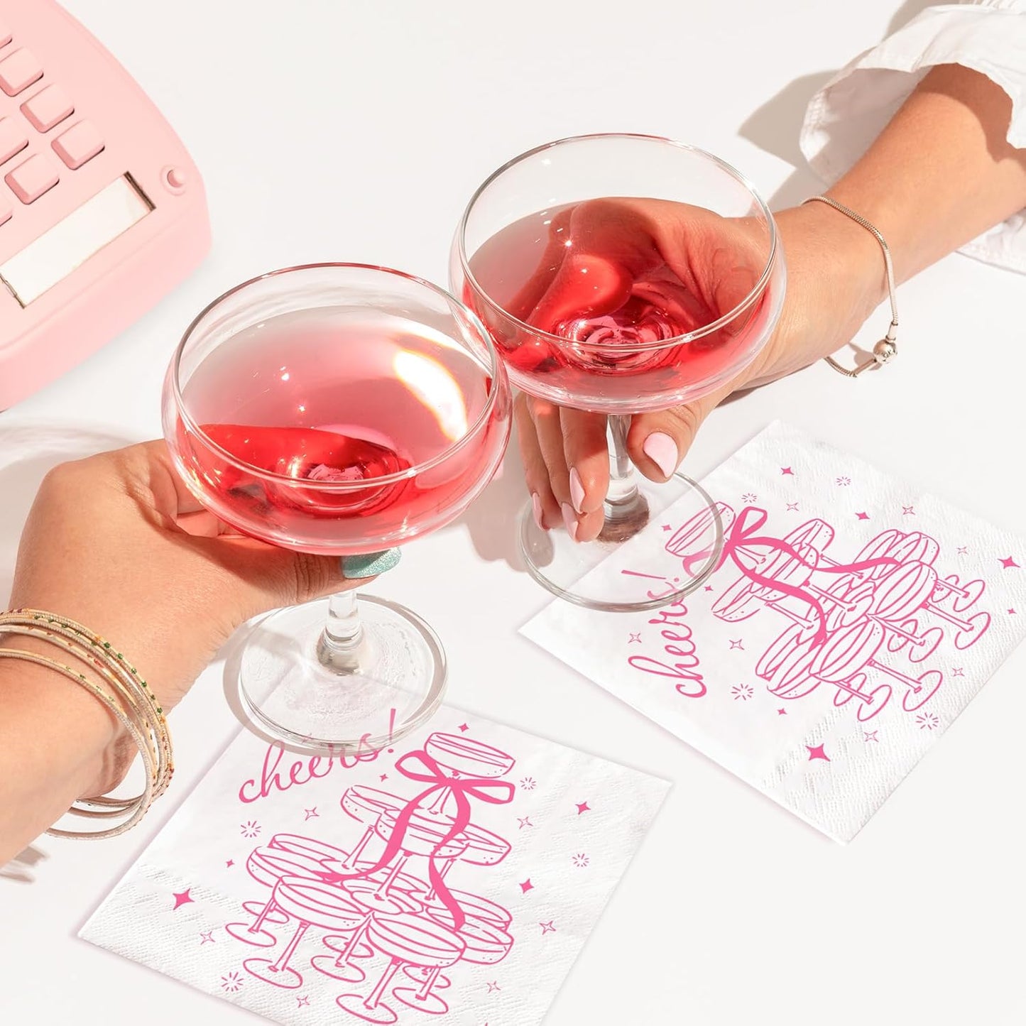 FYSUIMU 50 Pcs Pink Cheers Cocktail Napkins Paper Napkins Champagne Tower Bow Disposable Decorative Beverage Napkin for Bachelorette Party Wedding Bridal Shower Birthday Bar Supplies